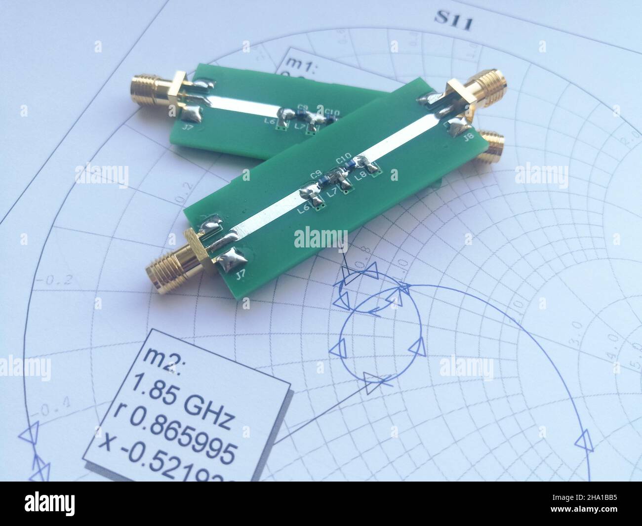 PCB with microstrip line and lumped components as a low pass filter in front of Smith chart Stock Photo