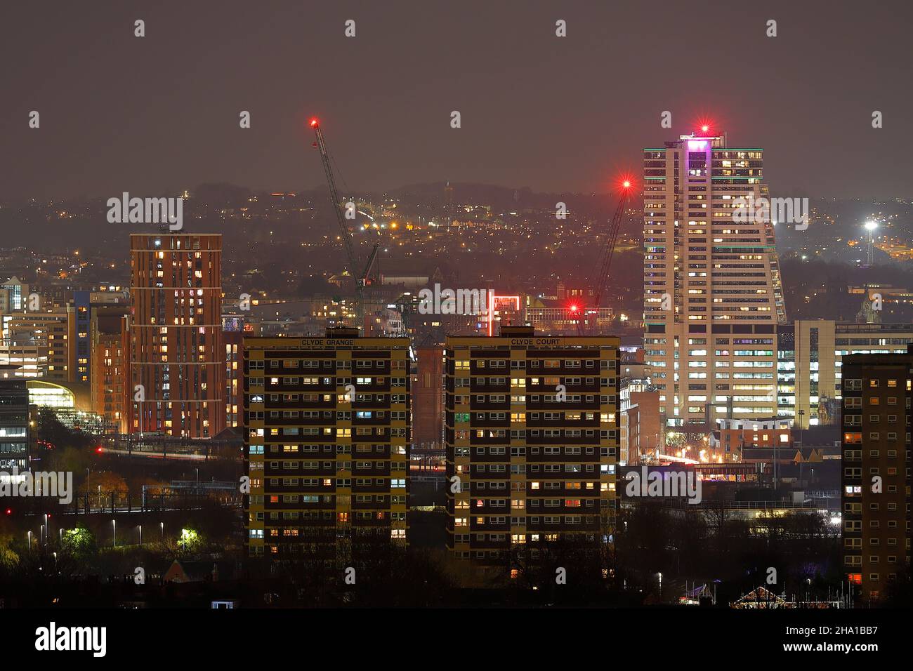 Leeds City Centre at night. Candle House(left) Bridgewater Place(right