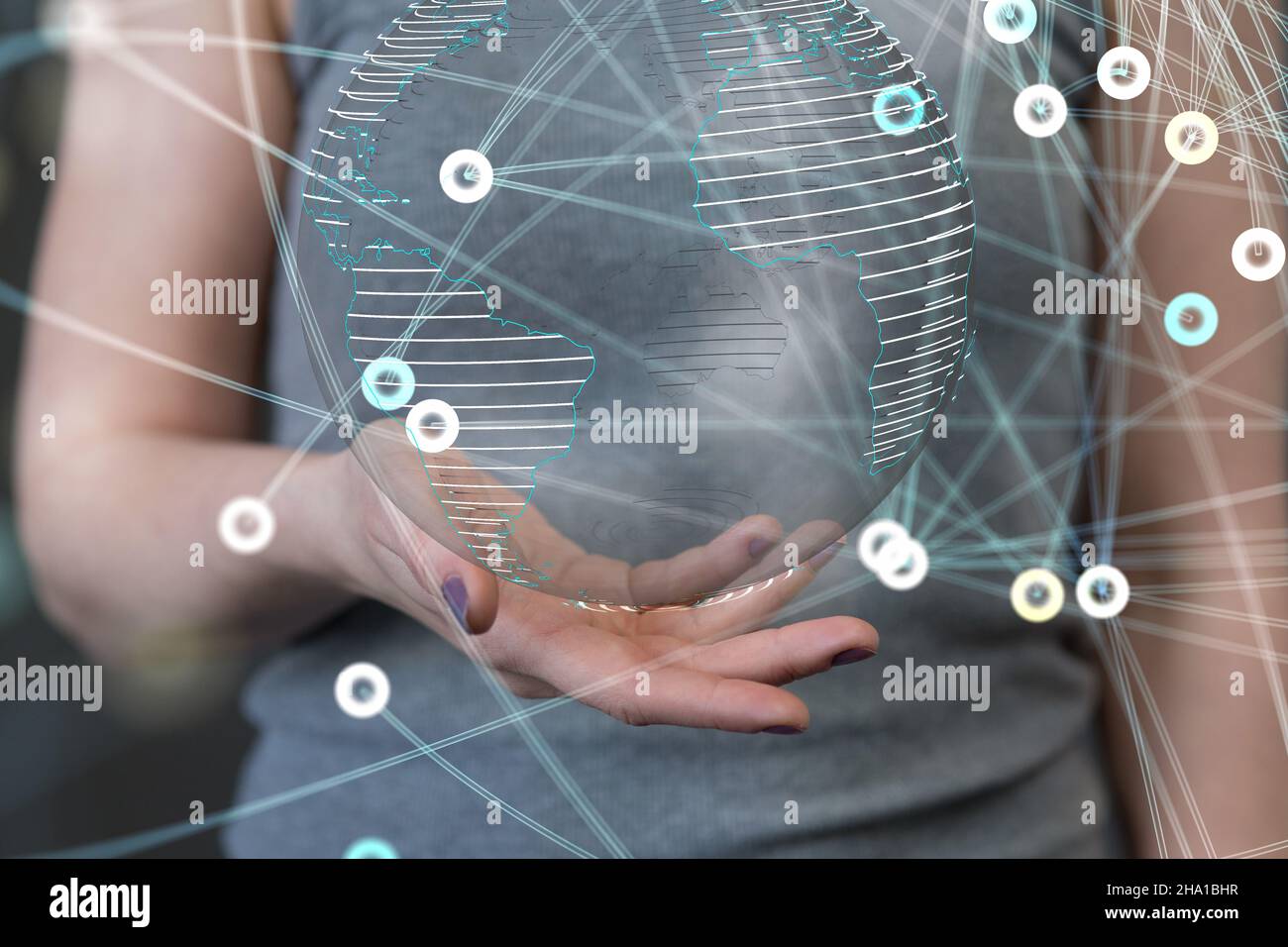 3D rendered futuristic globe with data connected to each other held in ...