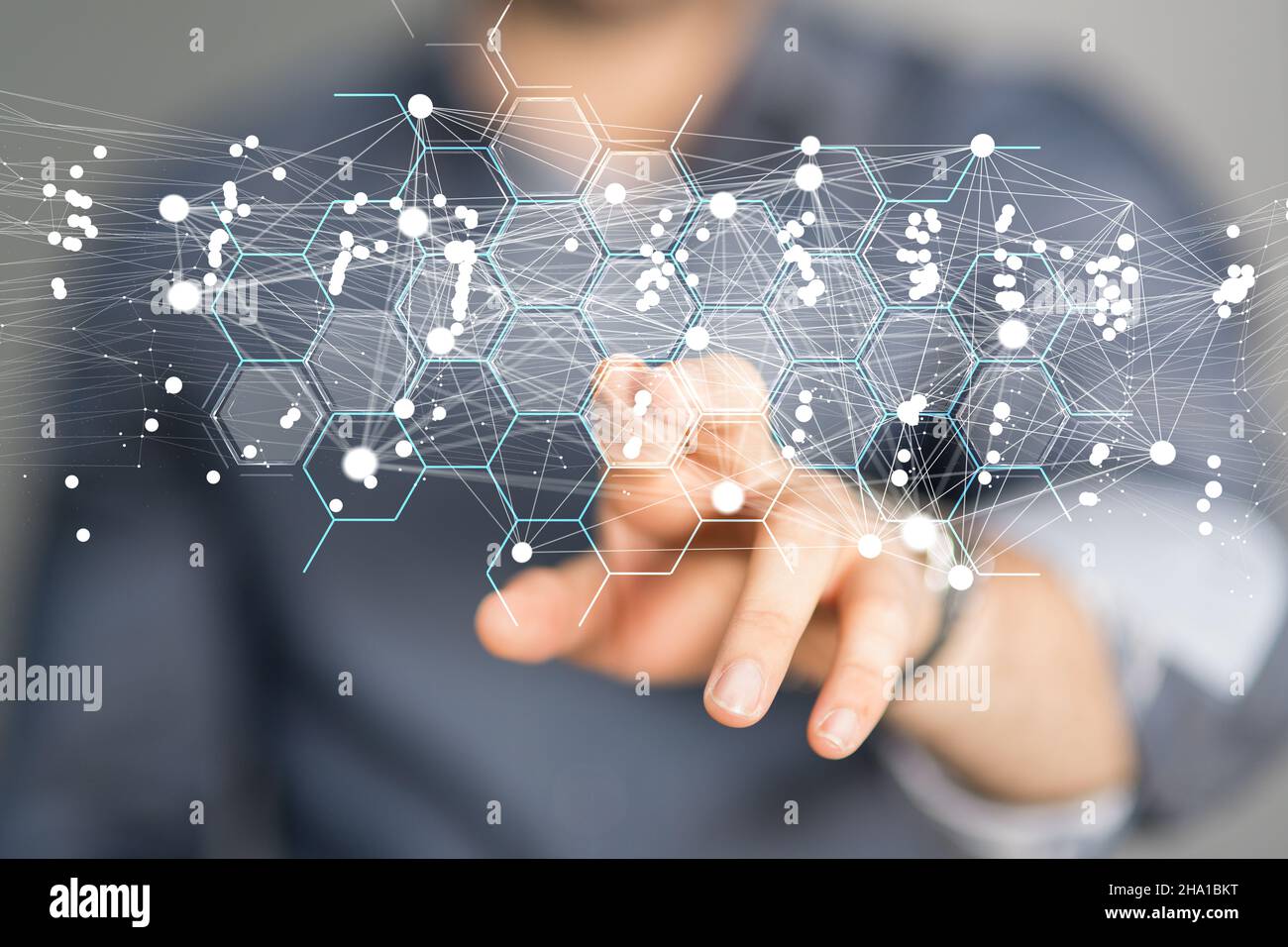 Person's hand touching a 3D rendered connected data Stock Photo - Alamy