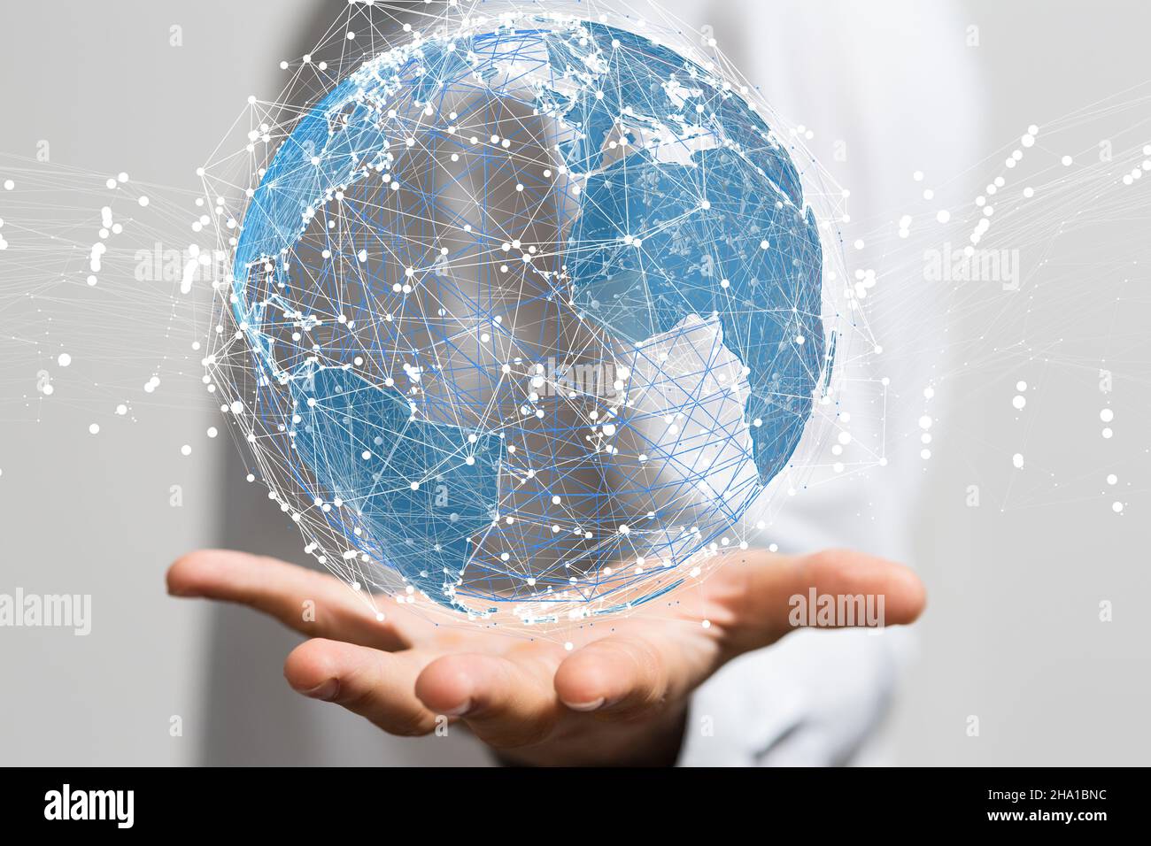 3D rendered futuristic globe with data connected to each other held in ...