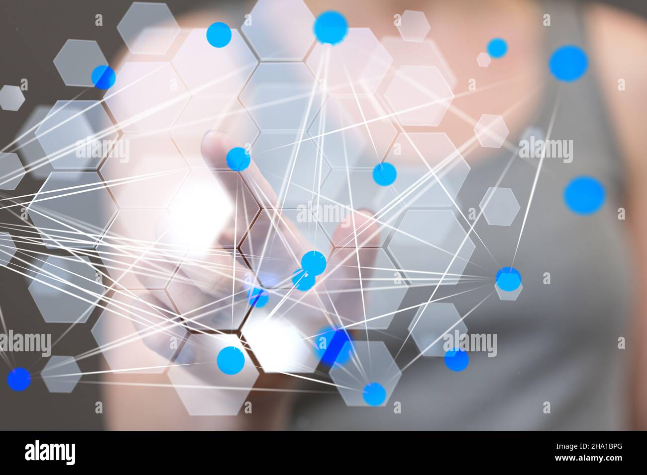 Person's hand touching a 3D rendered connected data Stock Photo - Alamy