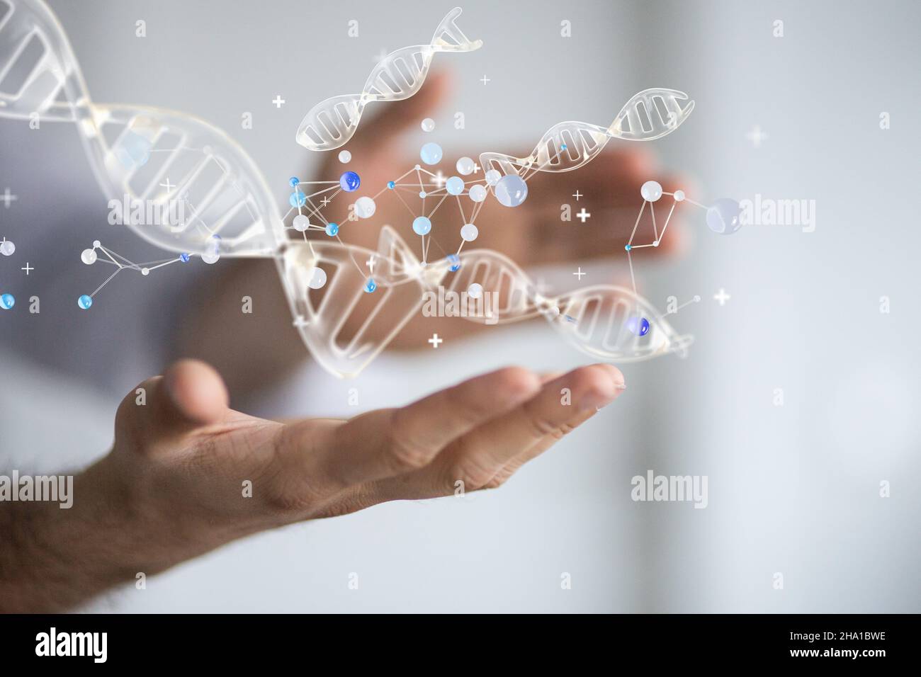 3D rendered DNA hologram on a person's hand Stock Photo - Alamy
