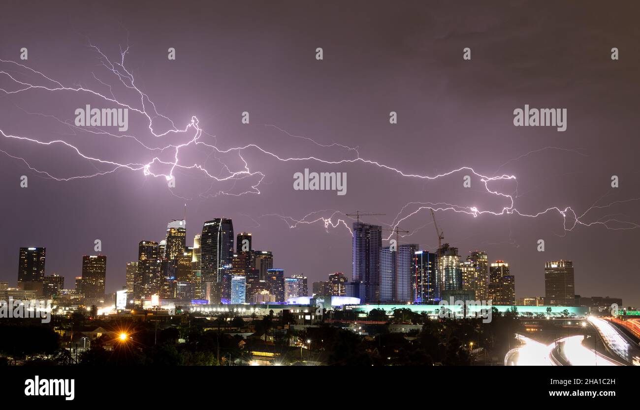 Rare lightning storm over downtown Los Angeles Stock Photo Alamy