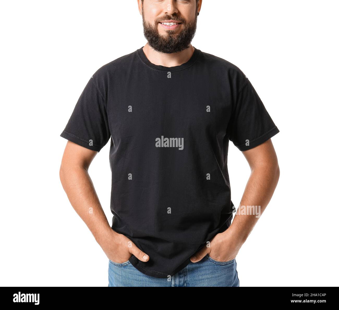 Handsome man in black t-shirt on white background Stock Photo - Alamy