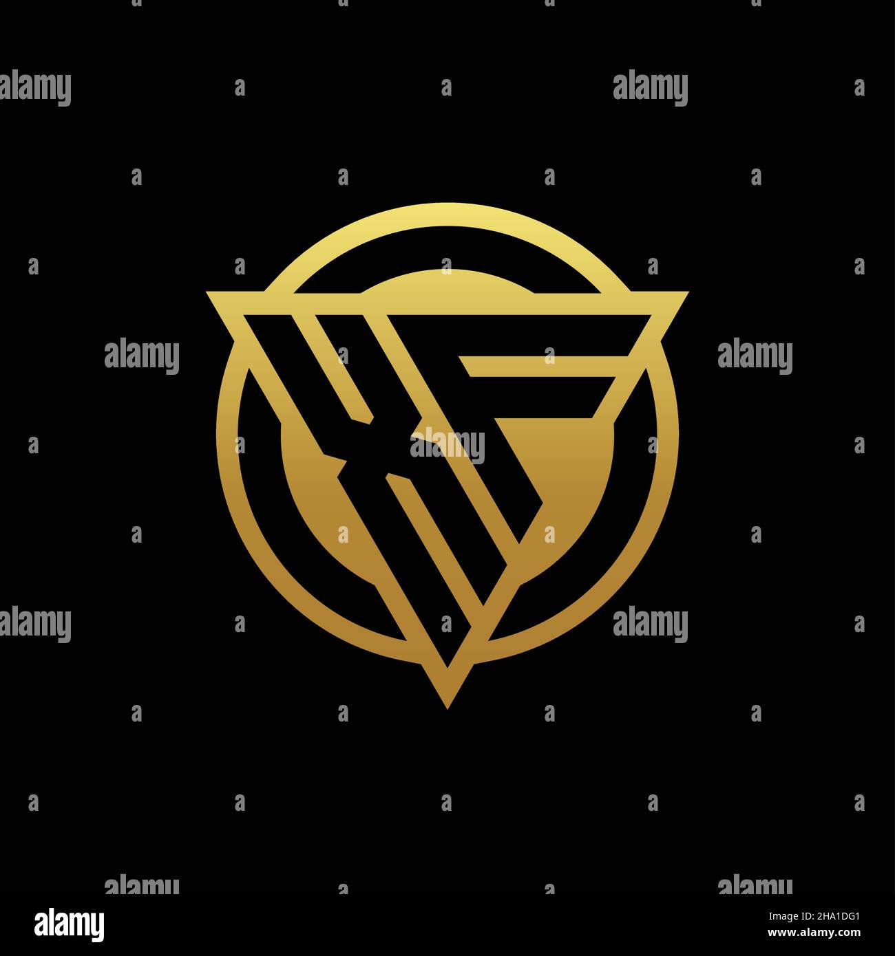 XF logo monogram with triangle shape and circle rounded style isolated on gold colors and black background design template Stock Vector