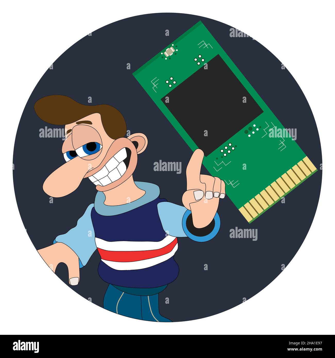 Man with a cheeky smile and big nose pointing at microchip round