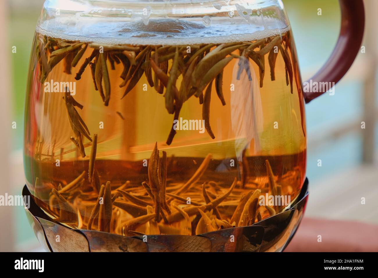 Floating brewing green tea leaves close up inside transparent glass kettle on natural background during tea ceremony Stock Photo