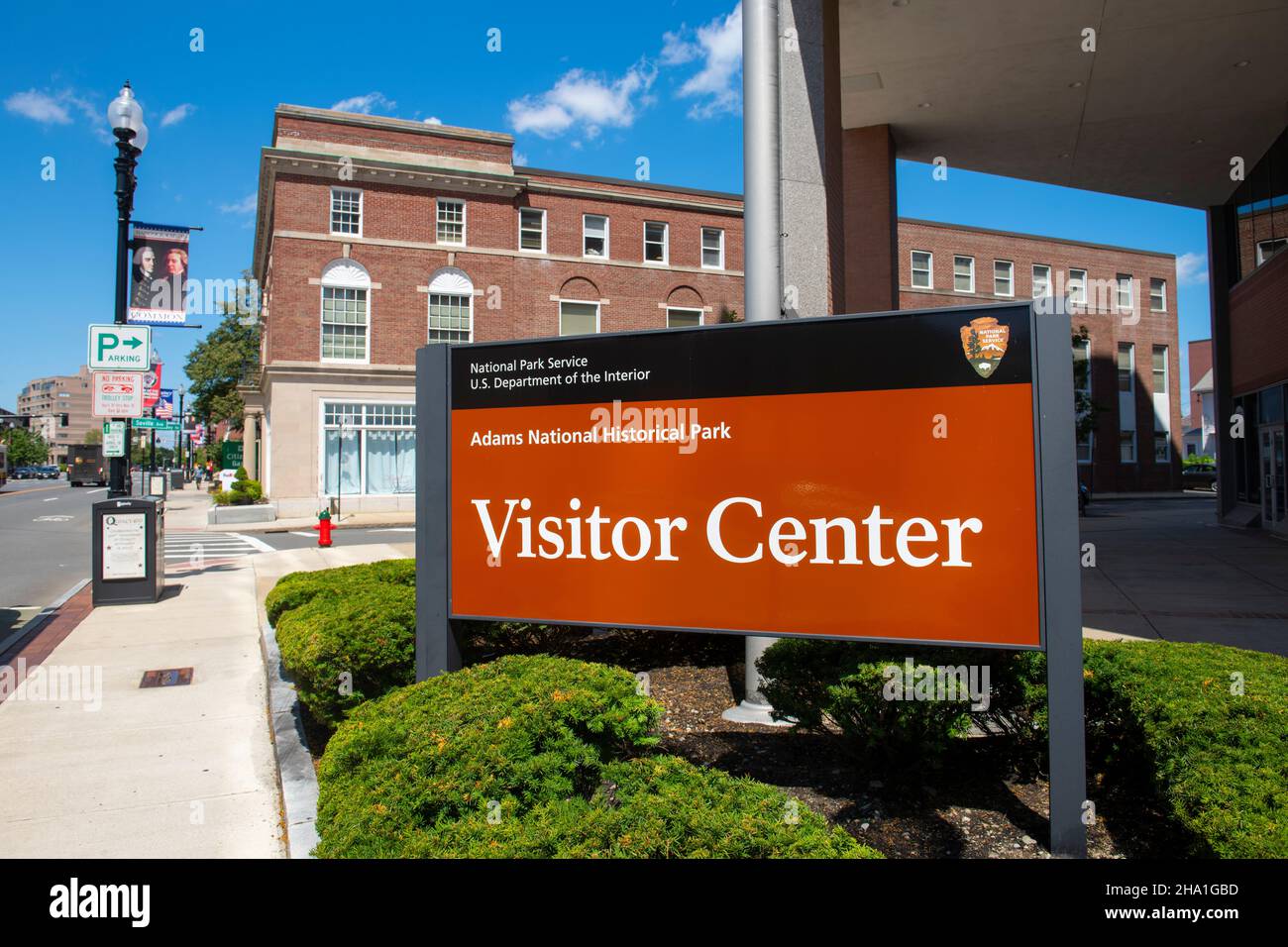 Adams National Historical Park visitor center sign at 1250 Hancock