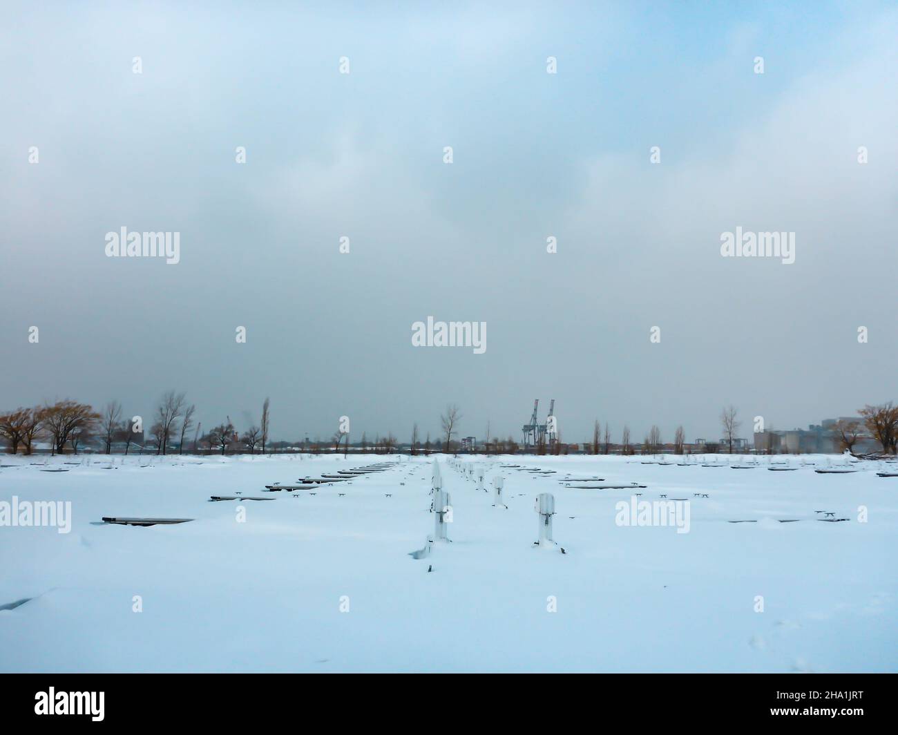 Winter Scene at marina of Longueuil, Quebec, Canada no boats Stock