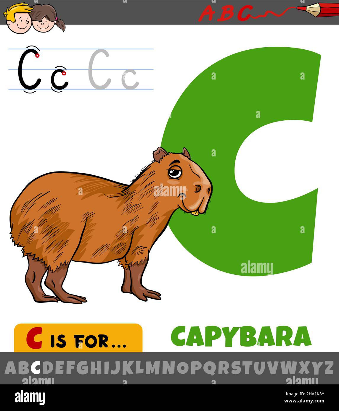 Educational cartoon illustration of letter C from alphabet with capybara animal character Stock Vector