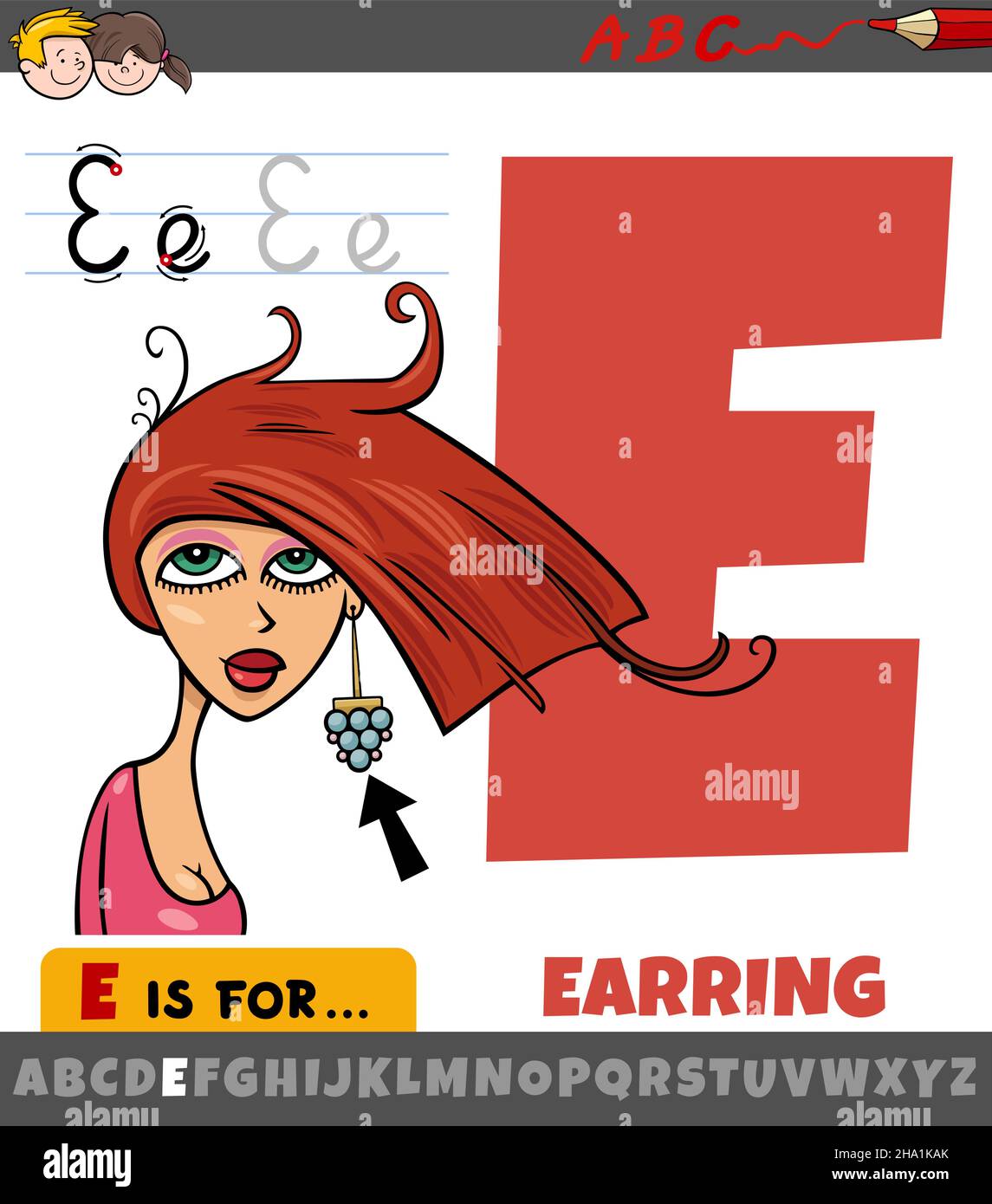 Educational cartoon illustration of letter E from alphabet with earring jewelry object Stock Vector