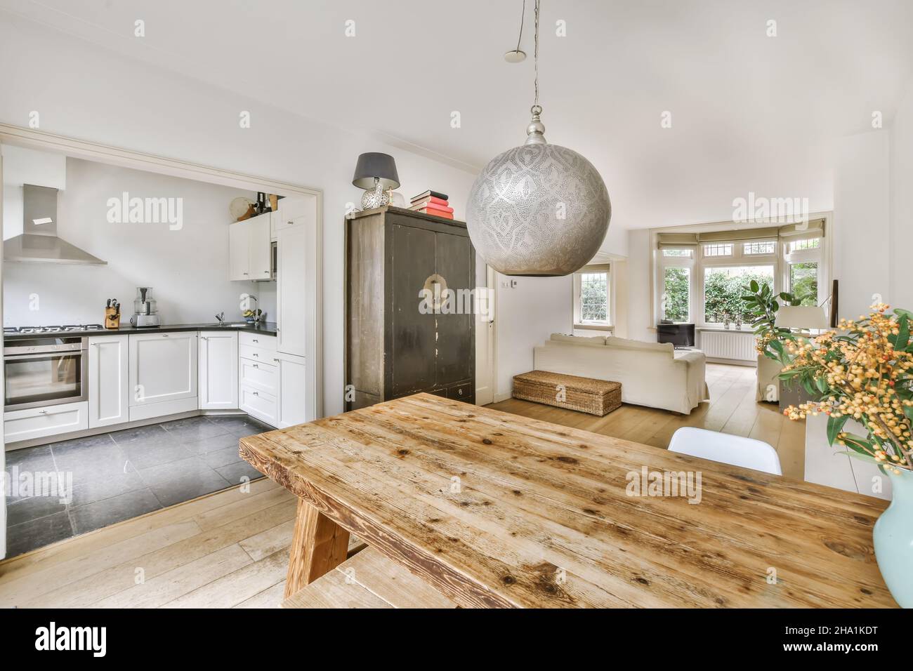 Interior design of modern dining room with stylish furniture Stock ...
