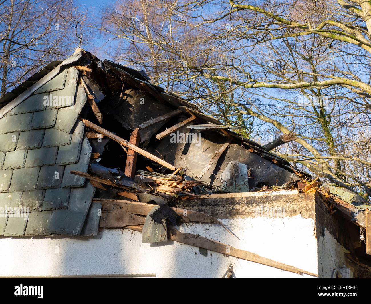 Trees blown over by Storm Arwen onto a house in Windermere, Lake