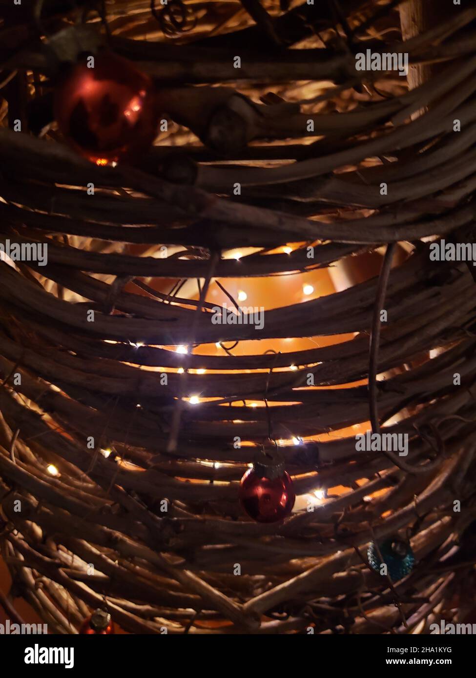 Grapevine Christmas Tree with Ornaments and lights Stock Photo Alamy