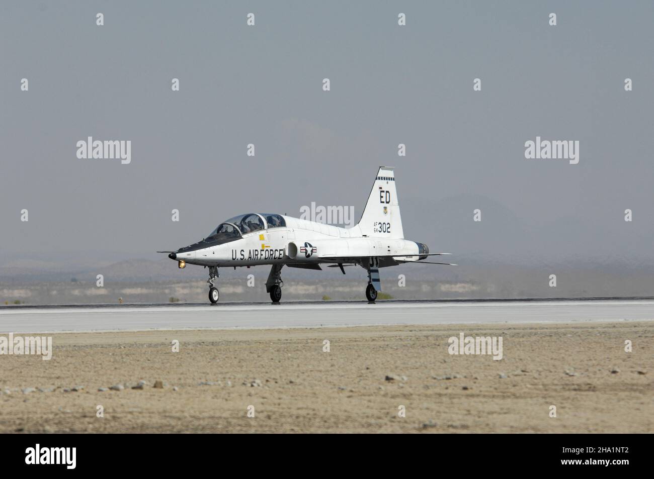 United States Air Force T-38 taxis after landing at Edwards Air Force Base in California. Stock Photo
