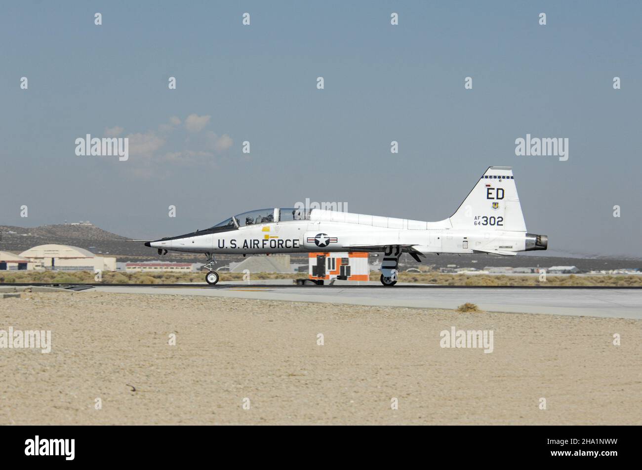 United States Air Force T-38 taxis after landing at Edwards Air Force Base in California. Stock Photo