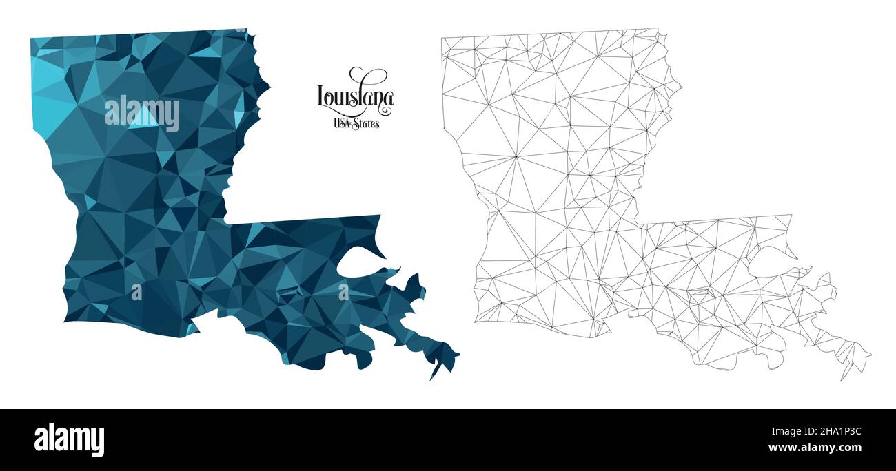 Low Poly Map of Louisiana State (USA). Polygonal Shape Vector Illustration on White Background. States of America Territory. Stock Vector