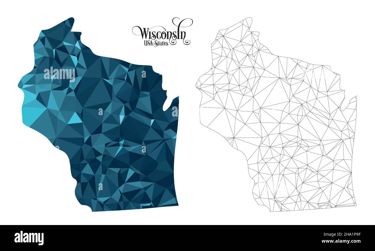 Low Poly Map of Wisconsin State (USA). Polygonal Shape Vector Illustration on White Background. States of America Territory. Stock Vector