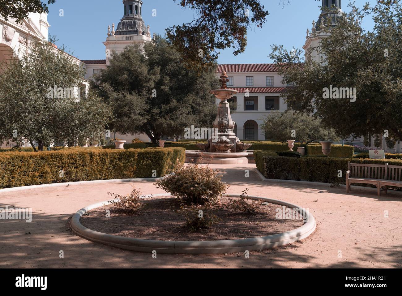 The Pasadena City Hall courtyard, fountain and formal gardens, shown in