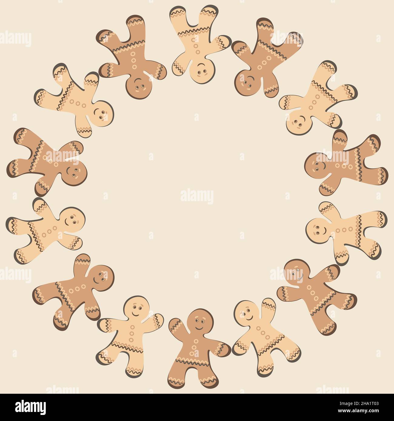 Illustration on a square background - a frame of ginger cookies. Gingerbread men. Design element for the design of books, notebooks, postcards, interi Stock Vector