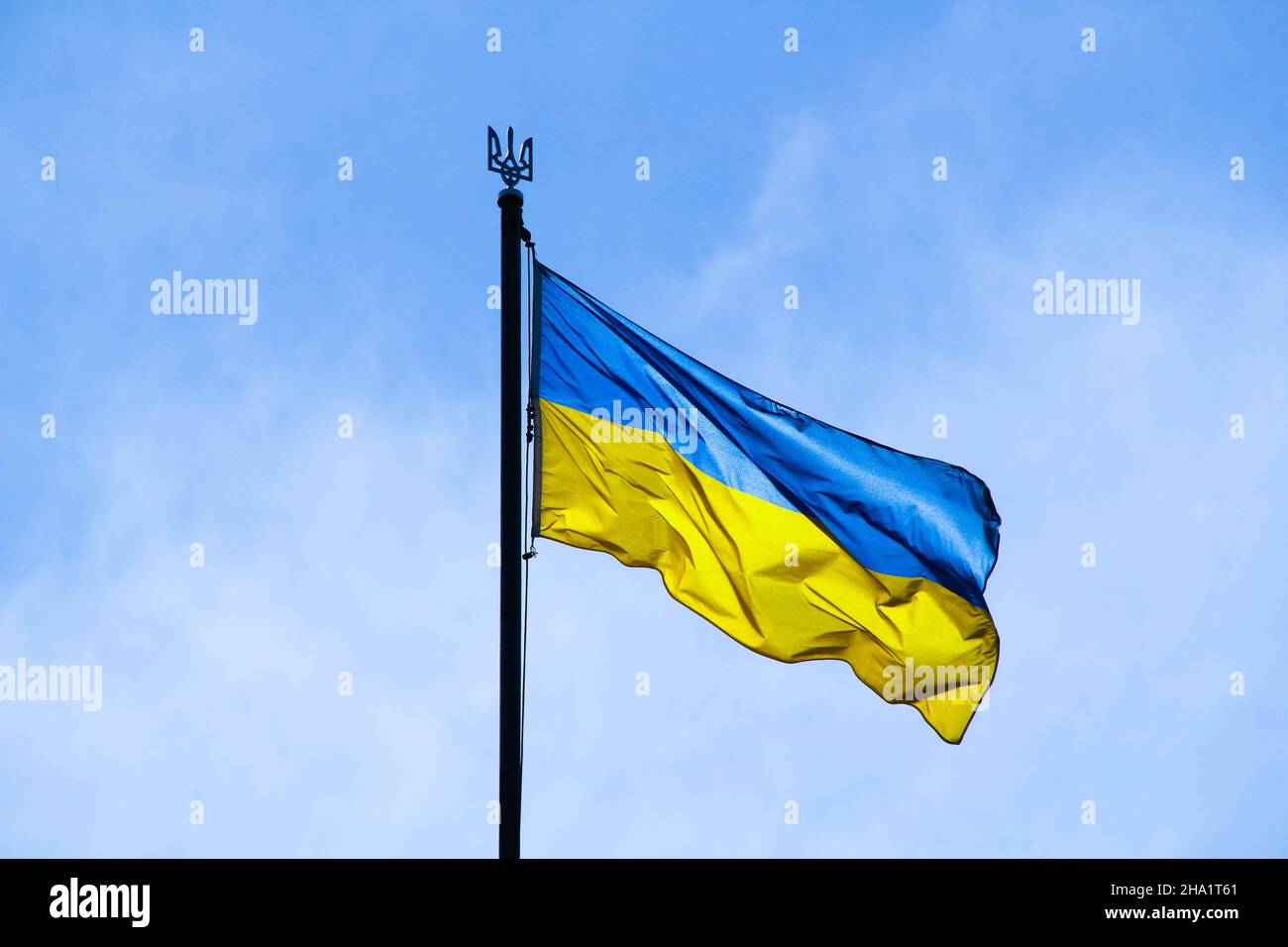 Ukrainian flag in the rays of the rising sun on a background of sky