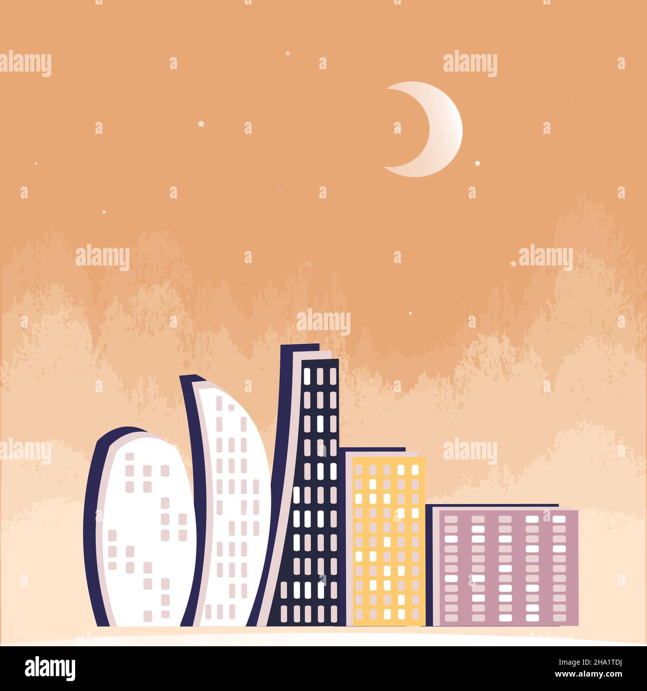 Illustration on a square background - Lights of the night city, a magical city starry night. Mysticism. Surreal. Design element for the design of book Stock Vector