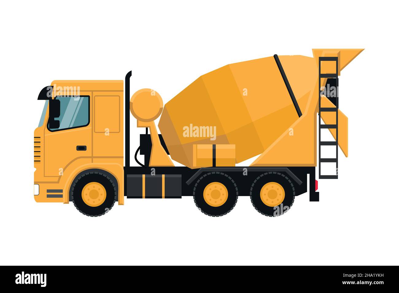 small machinery yellow concrete mixer truck with front view Stock Vector