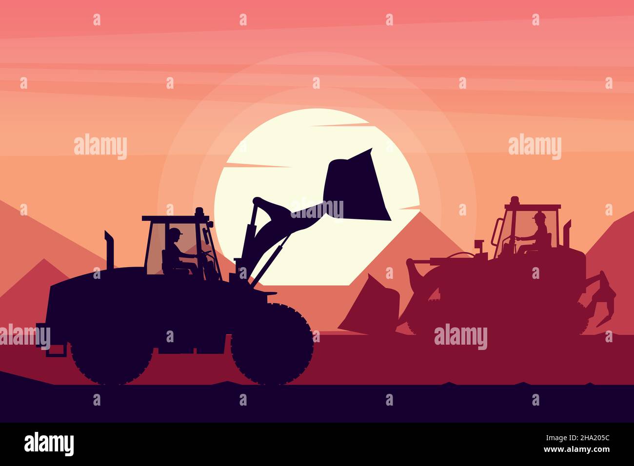 operators working with heavy machinery of track loader and front loader with a sunset in the background Stock Vector
