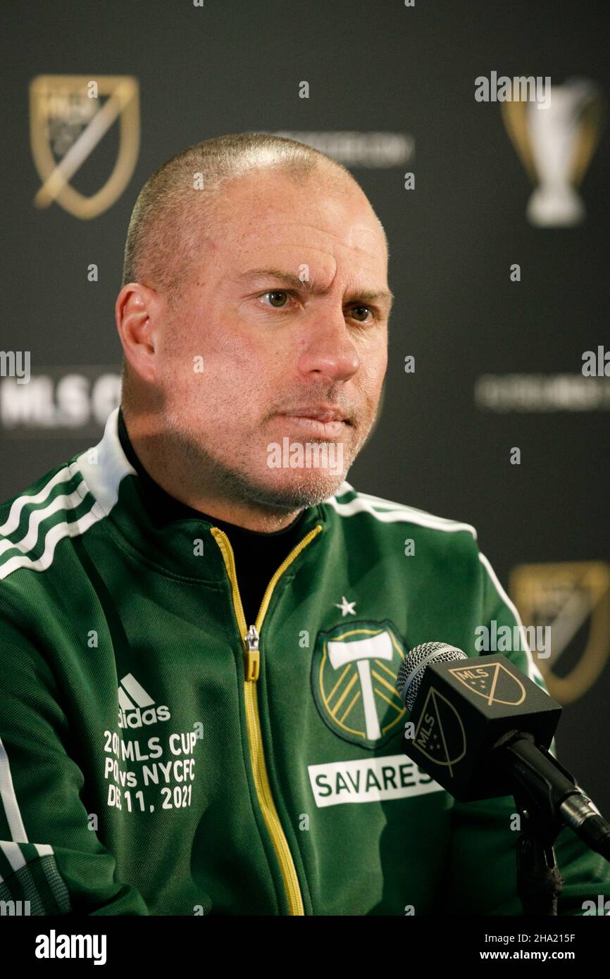 Portland, USA. 09th Dec, 2021. The Portland Timbers and New York City Football Club hold a joint press conference and press availability on Thursday, Dec. 9, 2021, at Portland, Oregon's Providence Park. Coach Giovanni Savarese and Midfielders Diego Charra and Sebastian Blanco present their thoughts on the upcoming championship match. (Photo by John Rudoff/Sipa USA) Credit: Sipa USA/Alamy Live News Stock Photo