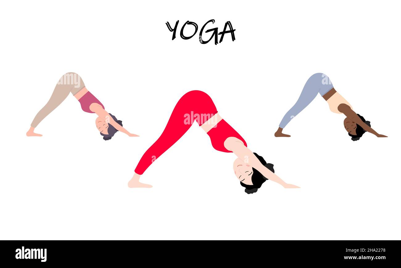 Womens Yoga set. Three girls, European, African and Asian show adho ...