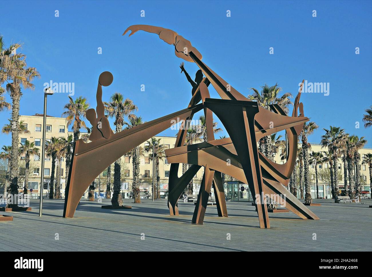 Sculpture Tribute to Swimming in the Barceloneta district of Barcelona, Catalonia, Spain Stock Photo