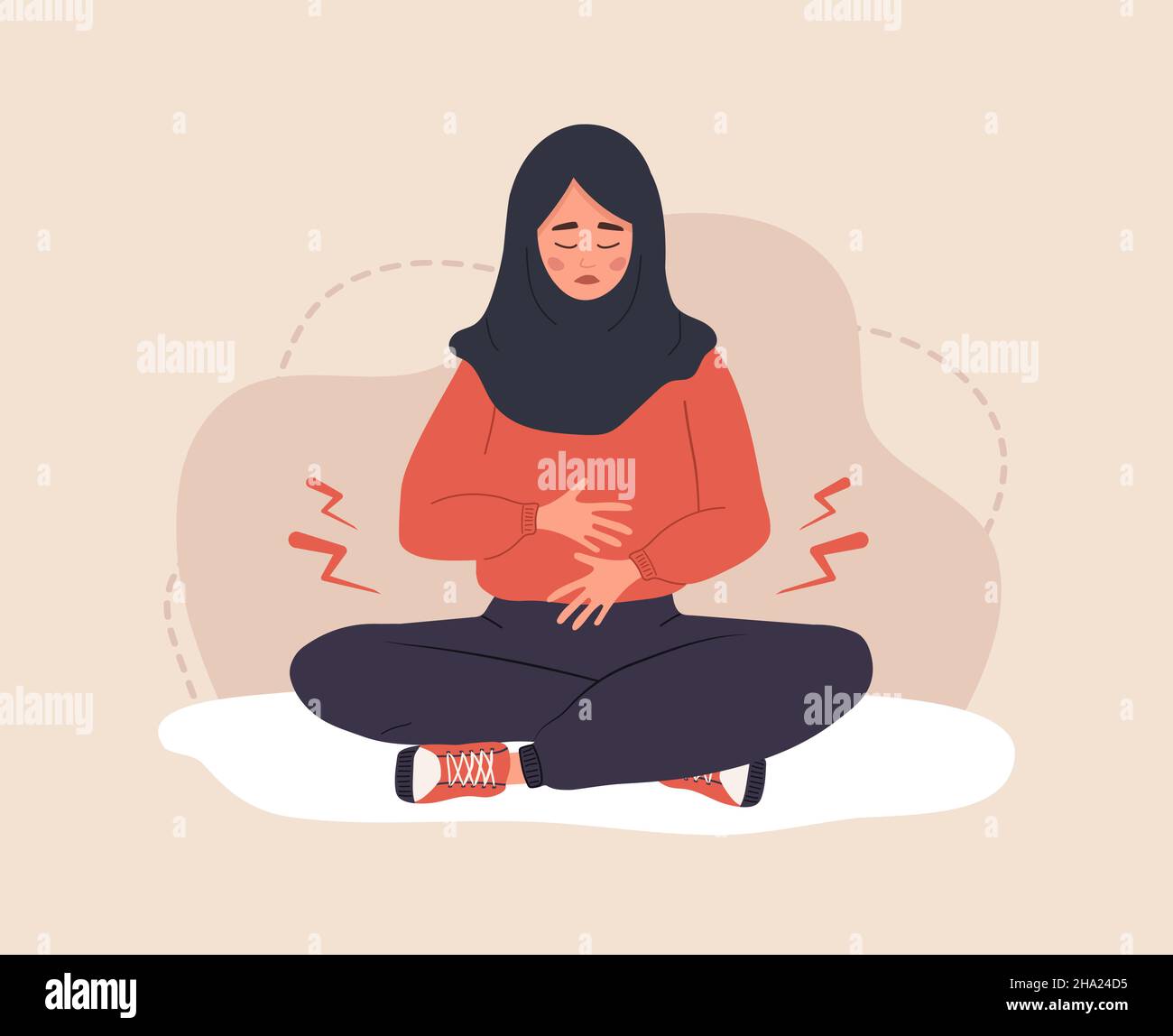 Menstrual pain. Sad arab woman in hijab with abdominal cramps or pms  symptoms. Female critical day problems. Vector illustration in flat cartoon  style Stock Vector Image & Art - Alamy