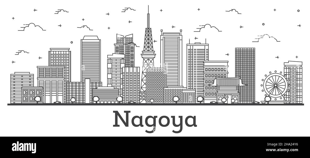 Outline Nagoya Japan City Skyline with Modern Buildings Isolated on White. Vector Illustration. Nagoya Cityscape with Landmarks. Stock Vector