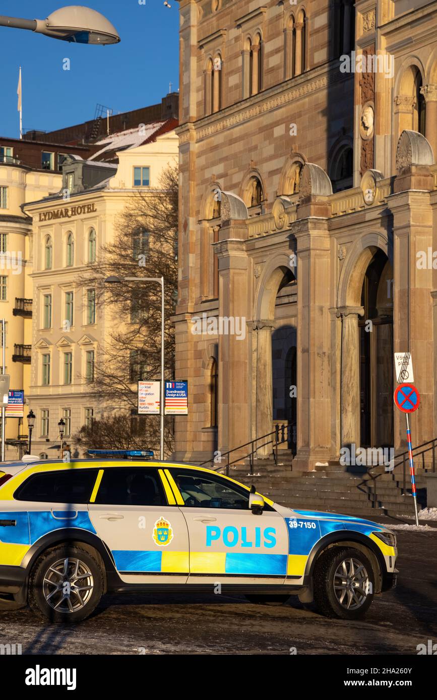 Police car in Stockholm city center next to National museum. Stock Photo