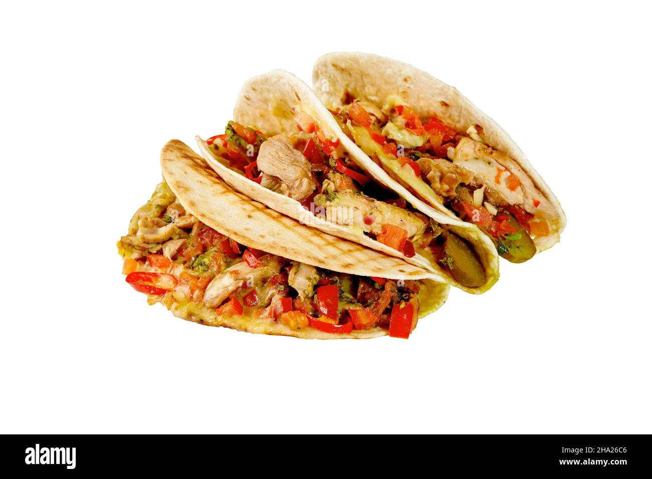 Tacos with chicken, caramelized onion, chimichurri sauce, pickles, pico