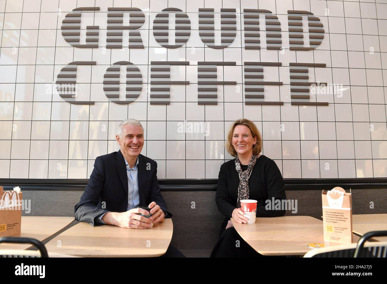 EDITORIAL USE ONLY (Left to right) Matt Winfield, McDonald's franchisee and Beth Hart, McDonald's Vice President Supply Chain and Brand Trust at the launch of the UK's first Net Zero Carbon restaurant at McDonald's, Market Drayton, which has been designed to act as a blueprint for future sites. Issue date: Friday December 10, 2021. Stock Photo