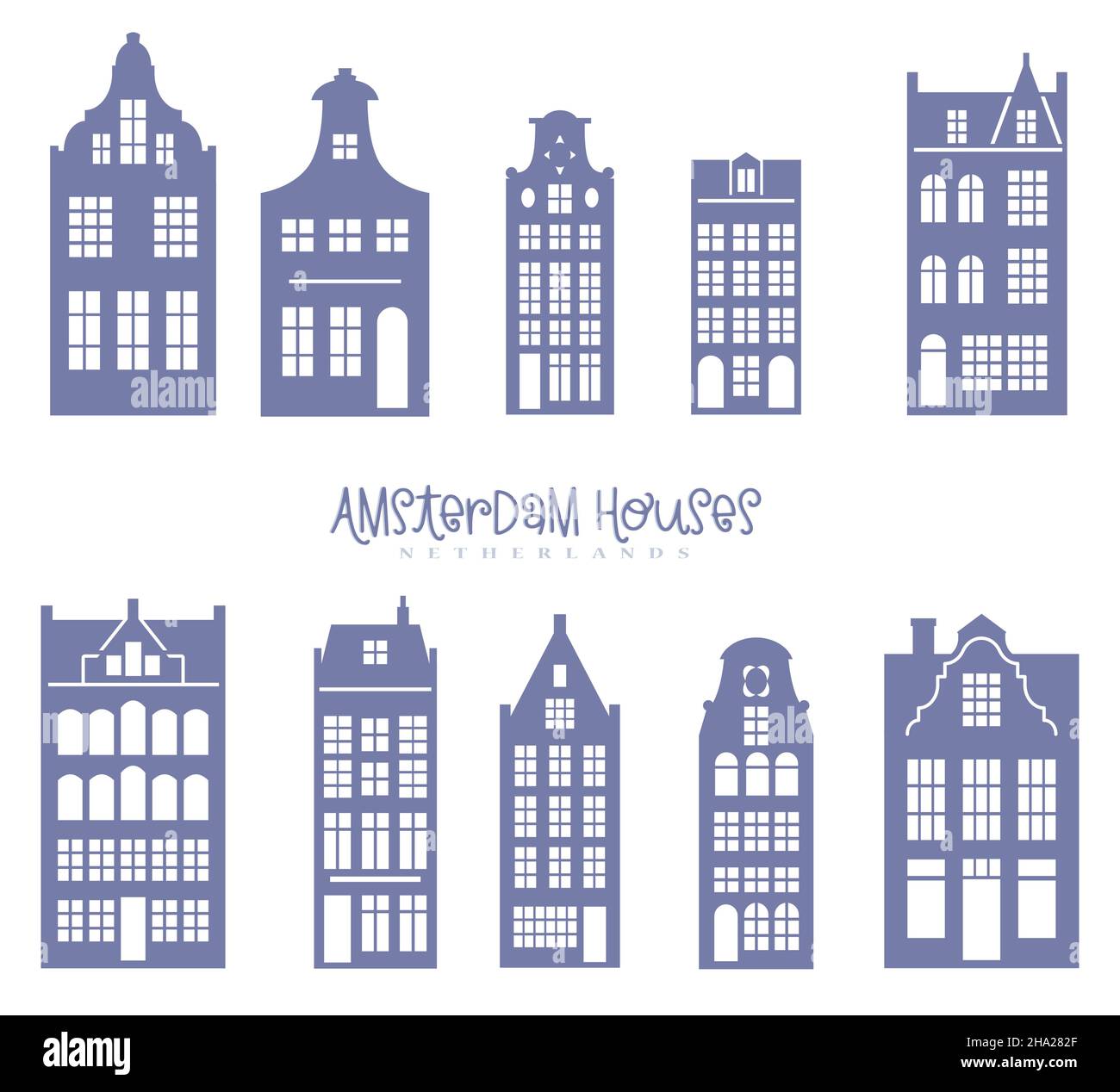 Silhouette of a row Amsterdam houses. Facades of European old buildings for Christmas decoration. Holland homes. Vector set for laser cut Stock Vector