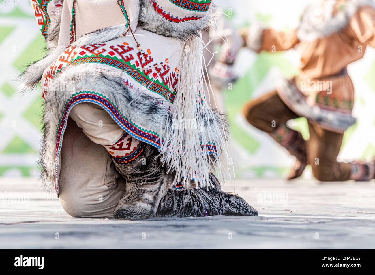 Traditional clothing of the indigenous peoples of the north. Coat richly decorated with deer fur and national patterns Stock Photo