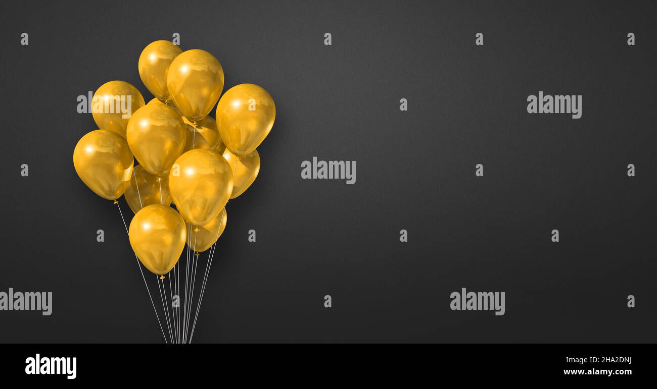 Yellow balloons bunch on a black wall background. Horizontal banner. 3D ...