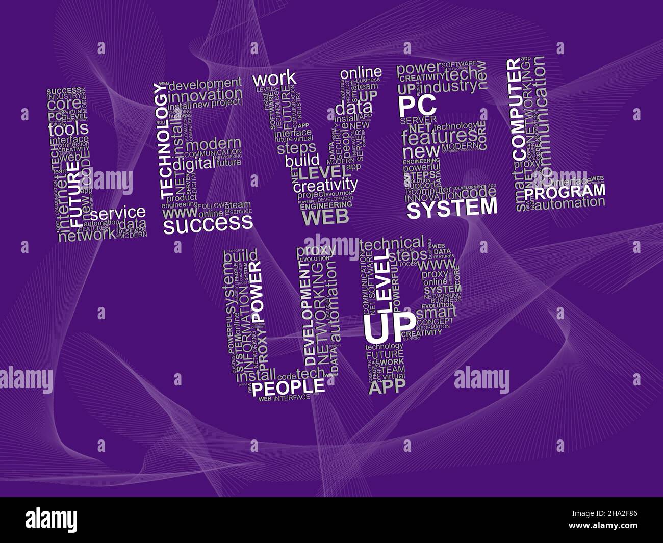 Words LEVEL UP with technology words inside. Concept with cloud words on purple background. Stock Photo