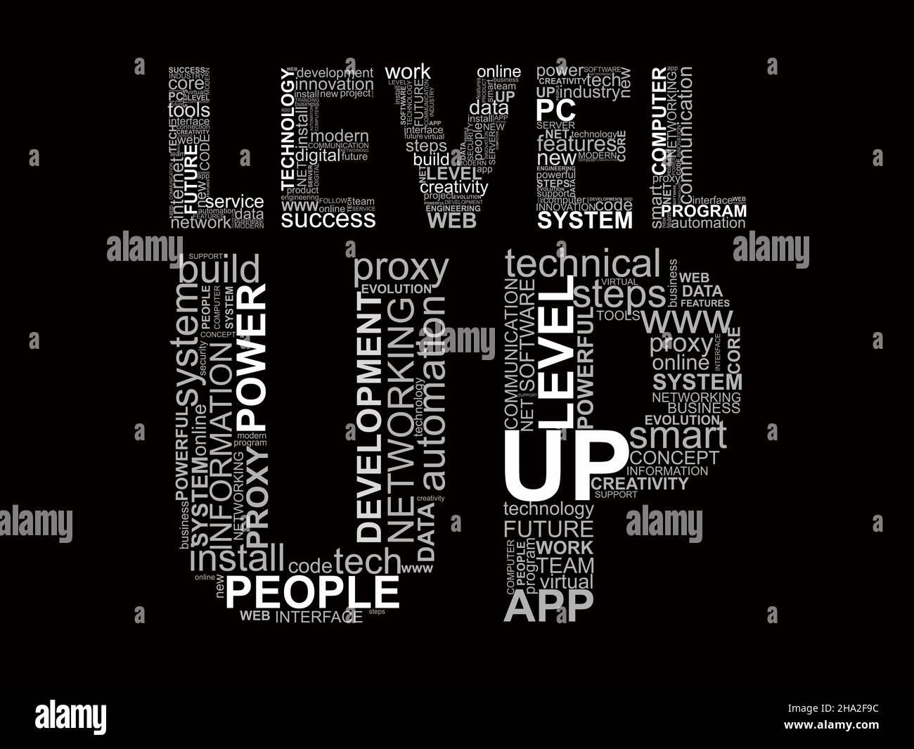 Words LEVEL UP with technology words inside. Concept with cloud words ...