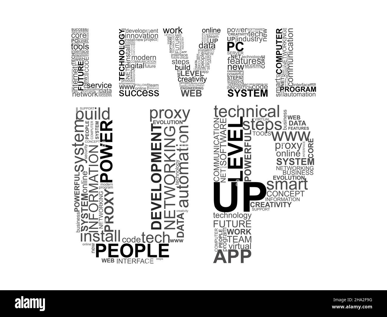 Black words LEVEL UP with technology words inside. Concept with cloud words on white background. Stock Photo