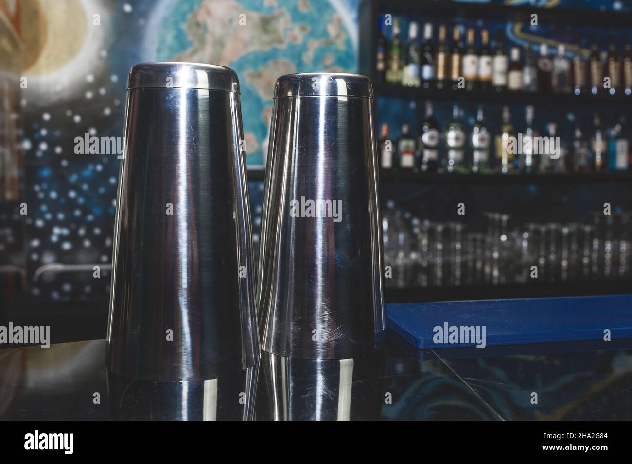 Two shakers bar tools for mixing liquids and preparing alcoholic