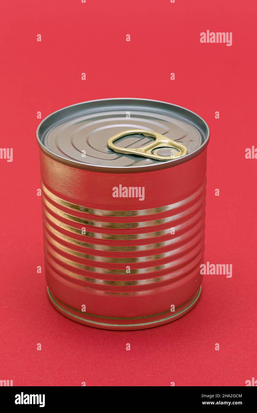 Unopened Tin Can with Blank Edge on Red Background. Canned Food