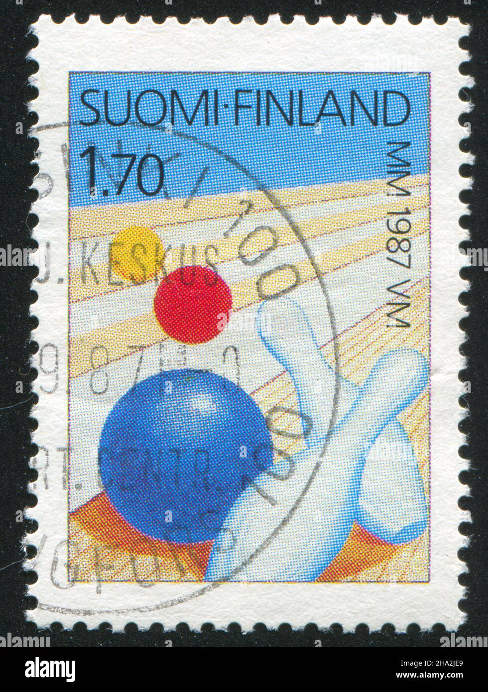 FINLAND - CIRCA 1987: stamp printed by Finland, shows Bowling Alley, Ball and Pins, circa 1987 Stock Photo