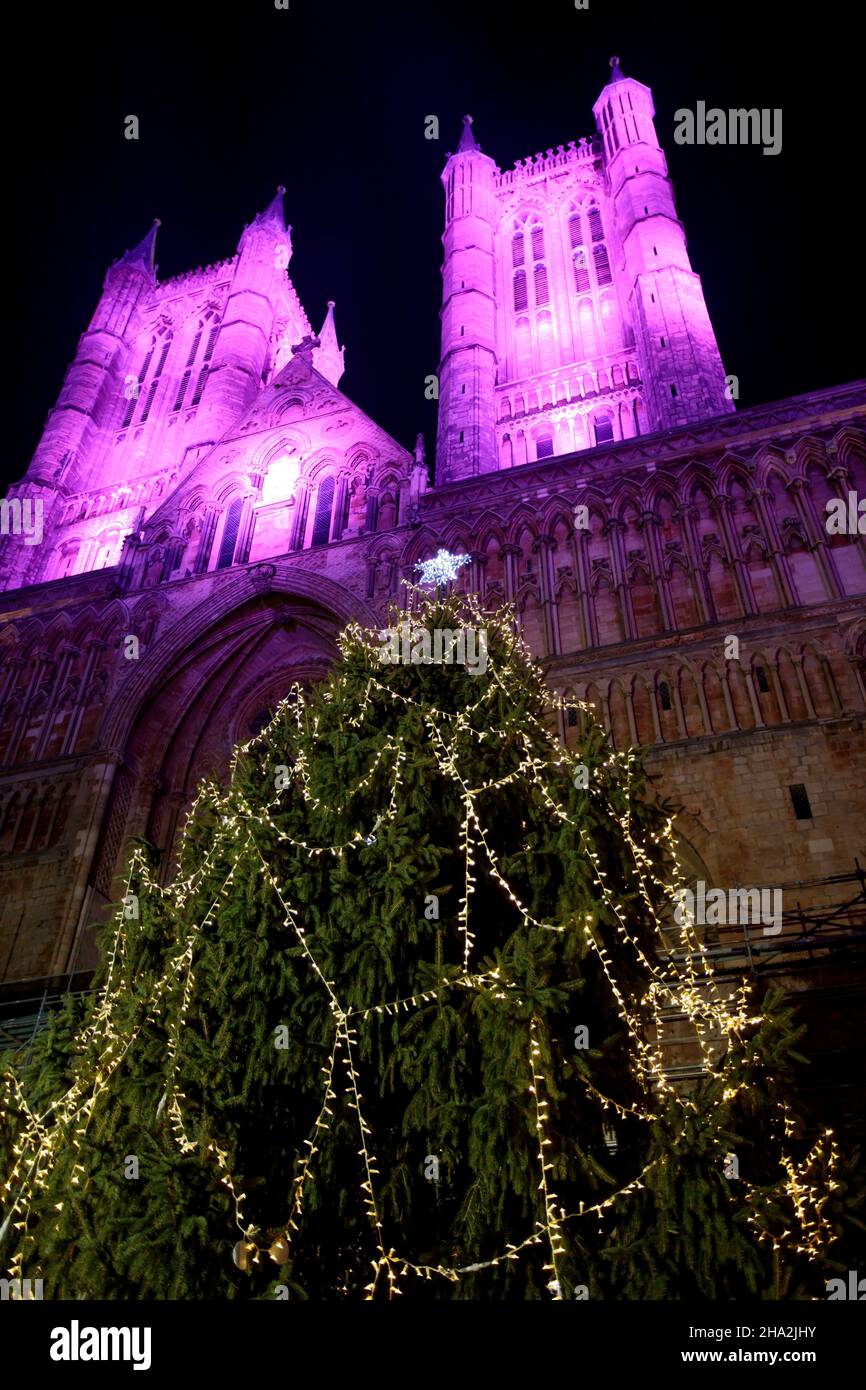 Lincoln Cathedral is floodlit for the annual Christmas market. The