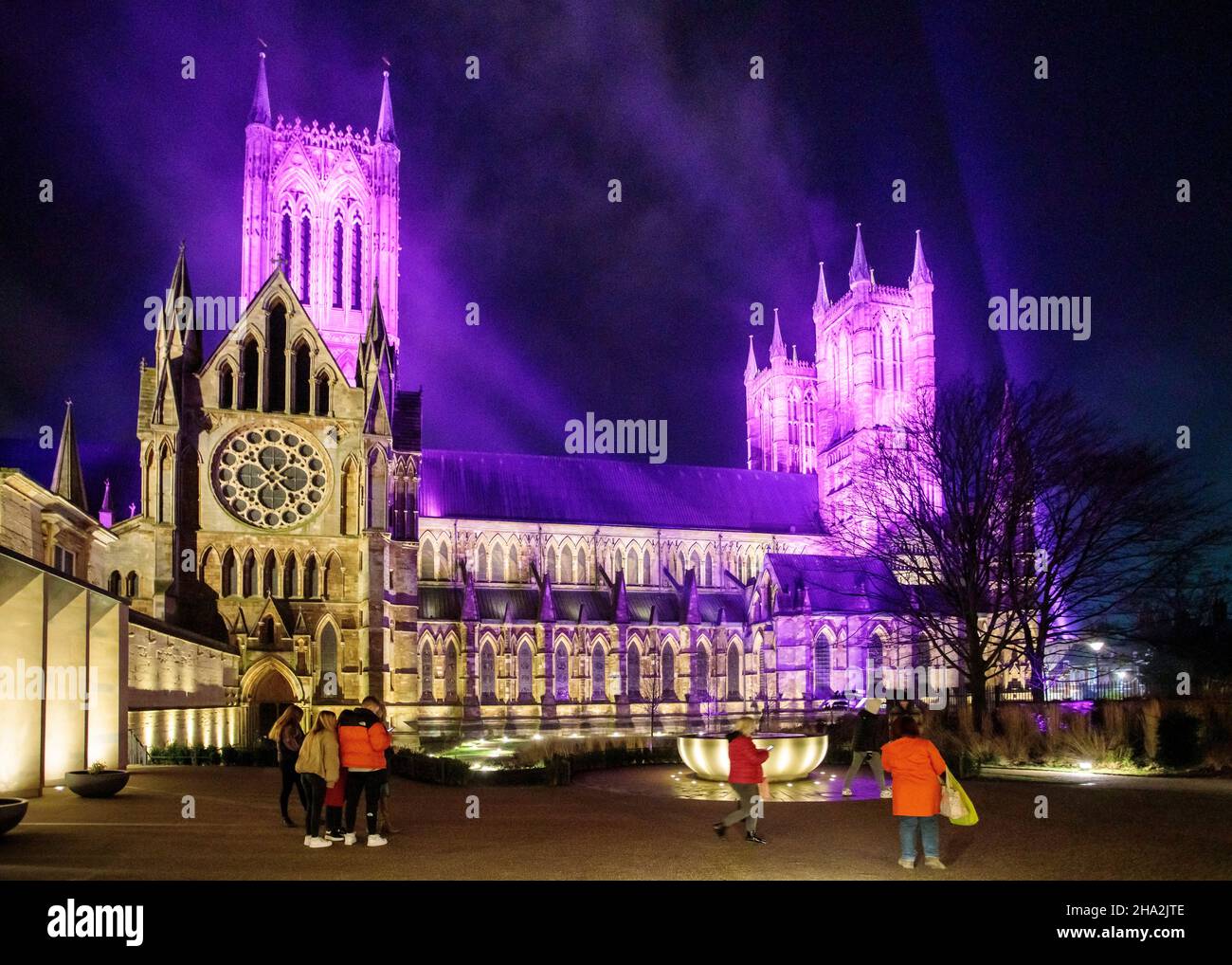 Lincoln Cathedral is floodlit for the annual Christmas market.  This view is taken from inside the visitor garden entrance a new feature only introduced recently. The market returning after being cancelled the previous year due to Covid 19 is one of the largest Christmas markets in Europe. Centred in and around the catle and the Cathedral in the Bailgate area of Lincoln the markets draws visitors from all over Europe. Stock Photo