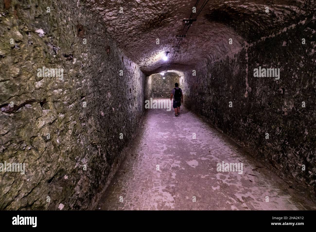 La Roche-Guyon (northern France): troglodyte casemates dug in the limestone cliffs of the castle. Tunnel of the blockhouses created by Rommel in 1943. Stock Photo