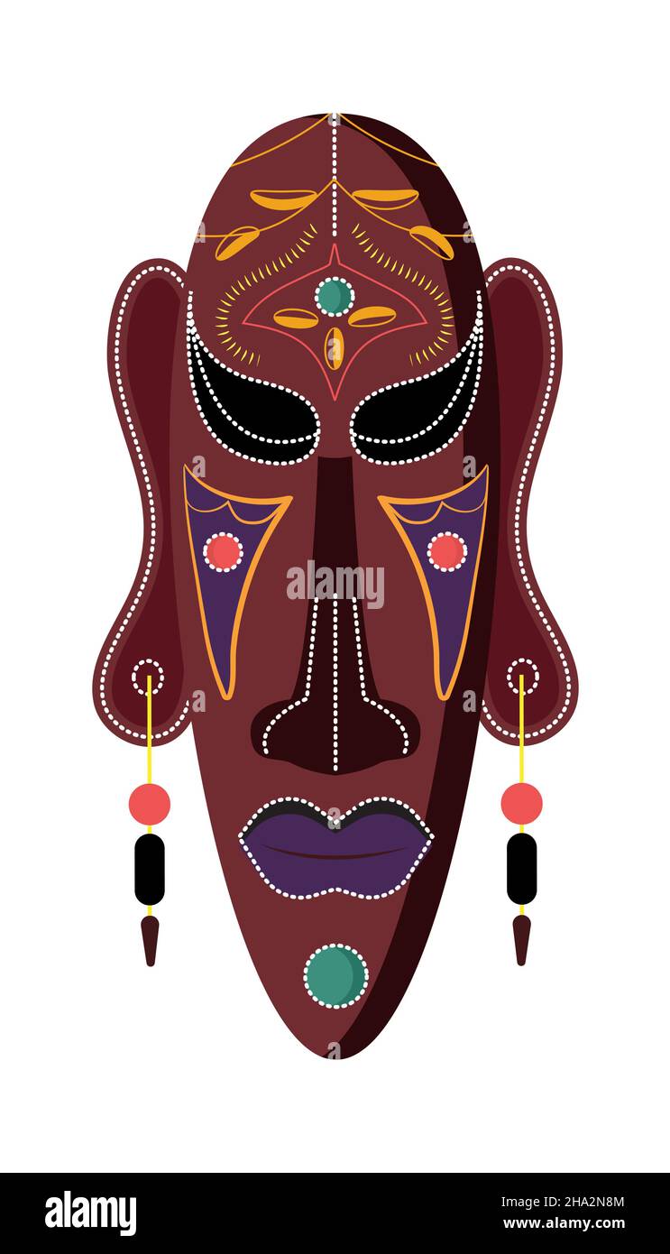 African wooden mask vector isolated on white background. Voodoo rituals in African tribes, shaman mask Stock Vector